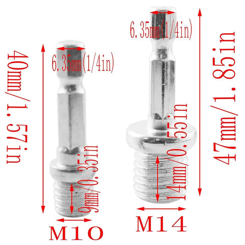 Front view of two metal hex socket adapters with M10 and M14 threads for drills