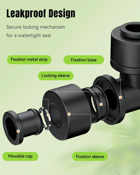 Pawfly 40-piece black quick-connect drip irrigation fittings kit for 1/4in tubing; exploded view of tees and elbows