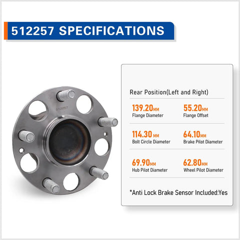 New Rear Wheel Hub Bearing Assembly For 2006 To 2011 Honda Civic LX GX DX With Encoder ABS Direct Fit Replacement OEM Equivalent