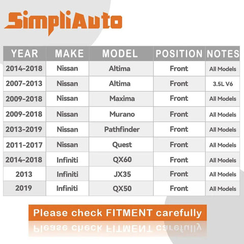 Compatibility chart for Front Wheel Hub Bearing Assembly showing Nissan and Infiniti models, years, and fitment details.