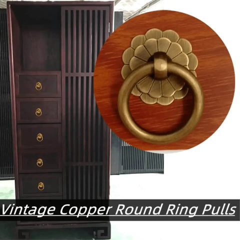 Vintage Style Brass Ring Pulls For Cabinets And Drawers, Round Cabinet Knobs And Drawer Handles For Dresser Kitchen Cupboard And Closet Doors, Antique Brass Finish With Screws, Durable Solid Brass Hardware on wood drawer