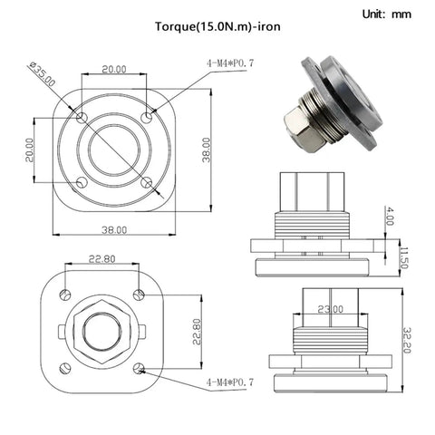 360° rotating disc damping hinge with adjustable torque 15.0 N·m, iron; square base with four mounting holes (front view).