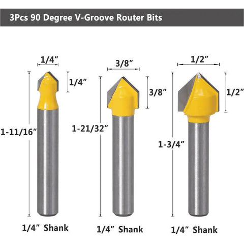 Six-Piece One Quarter Inch Shank Pro Grade Carbide Router Bit Set With Ninety Degree V-Groove And Round Nose Bits For CNC.