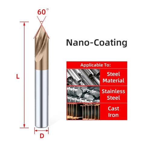 Carbide Spot Drill Bit 60 Degree for CNC Chamfering and Centering Guide Tool Tungsten Steel D12x100L, nano-coated, side view.