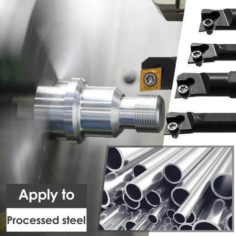 Pro Grade 14 Piece Mini Metal Lathe Tool Set with processed steel tubes, boring tools, and carbide inserts in use.