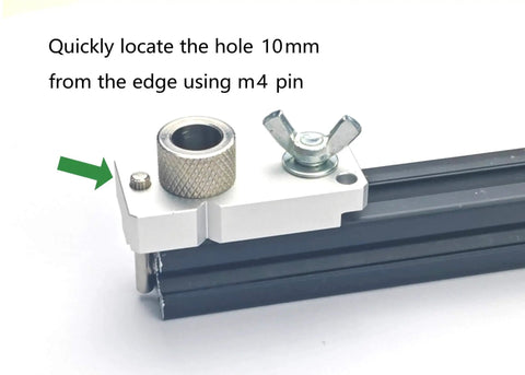 Aluminum Extrusion Drill Guide And Tap Jig for 2020/2040 profiles installed on extrusion demonstrating precise hole alignment.