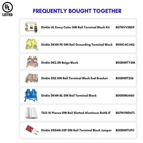 Product list of frequently bought together DIN rail components, including terminal blocks and mounting kits with UL listing.