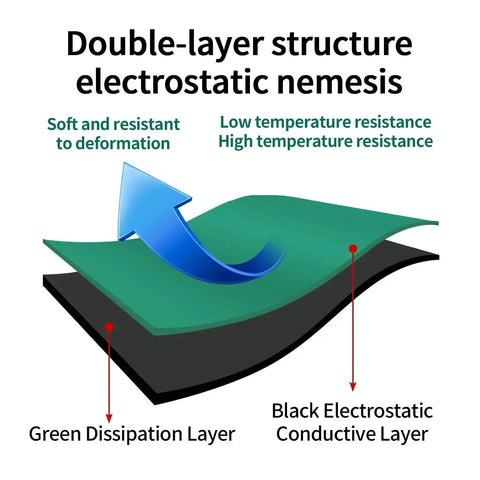 Diagram of dual-layer ESD Soldering Mat Roll For Circuit Repair 23.7 Inch By 118 Inch, showing green dissipation and black conductive layers.