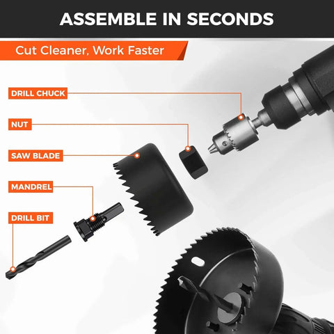 Exploded view of drill with labeled parts from 8 Piece Hole Saw Kit With Sizes 1 To 2 1/8 Inches For Soft Wood Plywood And PVC
