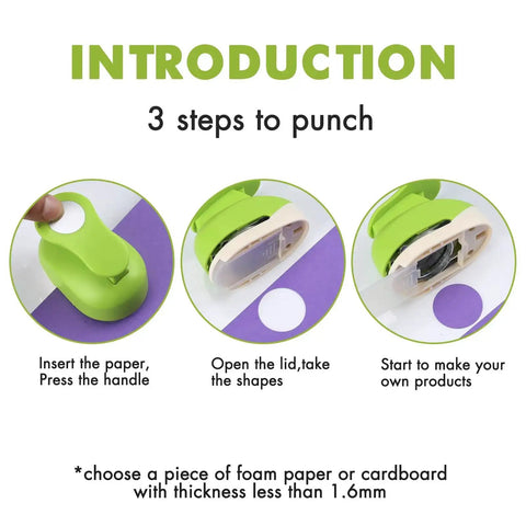 Steps to use 1.5 Inch Circle Hole Punch for Crafts and Scrapbooking with instructions on inserting paper, pressing handle, and taking shapes.