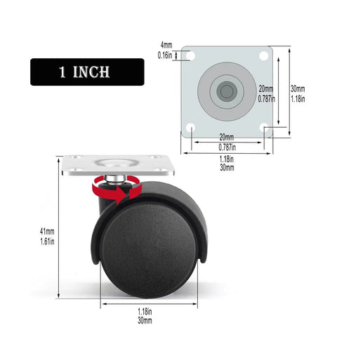 Five Pack 1 Inch Furniture Casters Replacement Caster Set With Screws Nylon Swivel Wheels measurement diagram