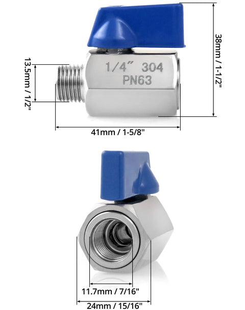 QWORK mini ball valve, 1/4 in NPT, 304 stainless steel with blue handle, compact shut-off valve for water lines