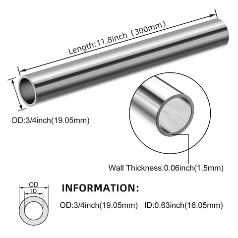 Diagram of Two Pack Stainless Steel Round Tubing 300mm 0.75 Inch OD 304 Seamless Tube Heavy Duty Industrial Grade, showing dimensions.