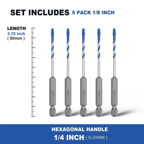 Image of Five Pack One Eighth Inch Masonry Tile Drill Bits With Hex Shank Step Style, 1/8" dia, 3.15" length, shown with hexagonal shank.