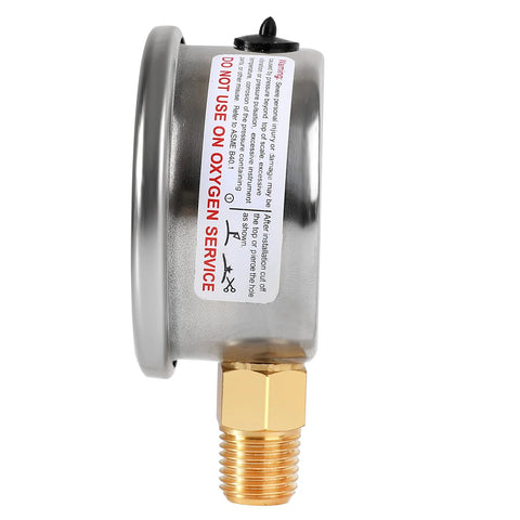 Side view of UHARBOUR glycerin-filled gauge, 2.5-inch dial, 1/4-inch NPT bottom brass connection, stainless steel case