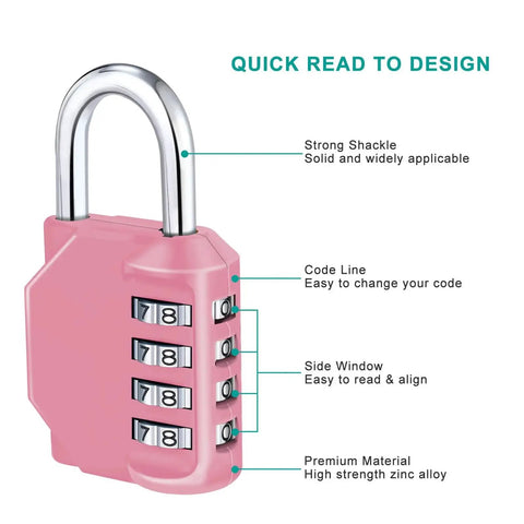 4 Digit Combination Padlock For Outdoor, School And Gym Pink with zinc alloy body and strong shackle, side view