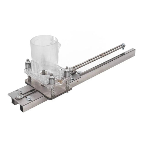 Wood Router Tool For Chamfering Grooving Slotting Carving And Cutting With Accurate Positioning And High Efficiency In A Compact Lightweight Design Built From Transparent Plastic And Stainless Steel in side view.