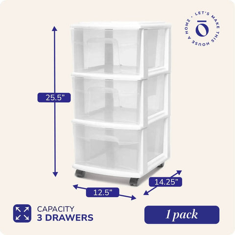 Three Tier Rolling Storage Cart With Removable Wheels In White Frame, Clear Bin Drawers, dimensions labeled.