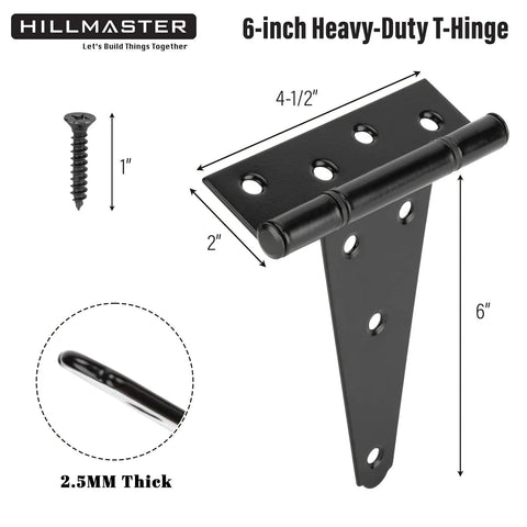 Heavy Duty 6 Inch T Strap Gate Hinges For Shed Doors And Wooden Fences Black Powder Coated 2 Pack with screw and measurements