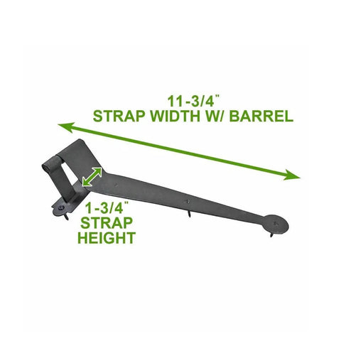 Heavy Duty Black Cast Iron Pintle Strap Hinges Pack Of 30, 11.75 Inch Length, 2.5 Inch Offset, showing dimensions