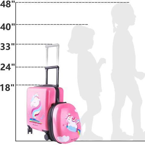 Unicorn Kids Luggage Set For Girls With 18 Inch Hard Shell Carry On And Backpack, featuring pink unicorn design and size comparison chart.