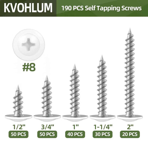 Self Tapping Wood Screws Set With 190 Pieces Number Eight Truss Head White Phillips Drive Assortment Kit