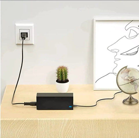 24V 2.5A 60W AC DC Power Adapter Replacement Must Have For Crestron HD MD4X4 4KZ E DM NVX 384 Switcher And ZUML HUB4 GW Control Processor NBS65A240250M2 24 Volt Switch Mode Power Supply Cable shown on wooden table with globe and cactus