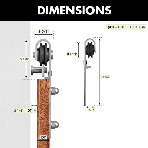 Dimensions of Brushed Nickel Non-Bypass Sliding Barn Door Hardware Kit For Double Doors, 10ft Long Flat Track, Classic Roller Design