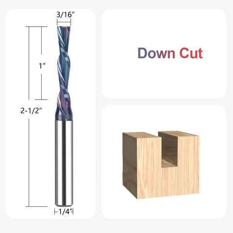 Downcut Spiral Router Bit With 1 Quarter Inch Shank And 3 Sixteenth Inch Cutting Diameter For Wood Projects DIY TAC Coated CNC End Mill For Slots Mortises And Engraving Long Lasting Sharp Cutter For Clean Precise Cuts next to a cut wooden block