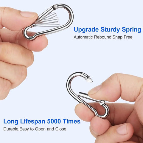 Hands holding 30 Pack M4 Mini Carabiner Clips 1.57 Inch Spring Loaded For Camping Gear showing sturdy spring and open-close feature.