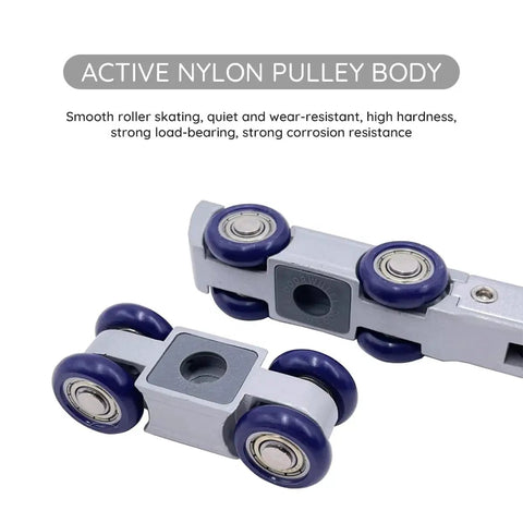 Soft Close Pocket Door Slide Hardware And Track Set For Barn Doors With Heavy Duty Hanger And Bilateral Four Wheel Dual Damping 47 Inch Track Single Door Load Rating Up To 143 Lbs Space Saving Slider System showing nylon pulley body with blue wheels
