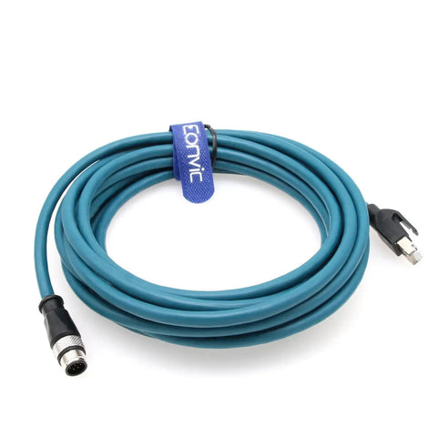 Coiled 5M M12 To RJ45 Industrial Ethernet A Code Sensor Connector With Pro Grade Shielded Cat 6 Cable in blue for Cognex Camera
