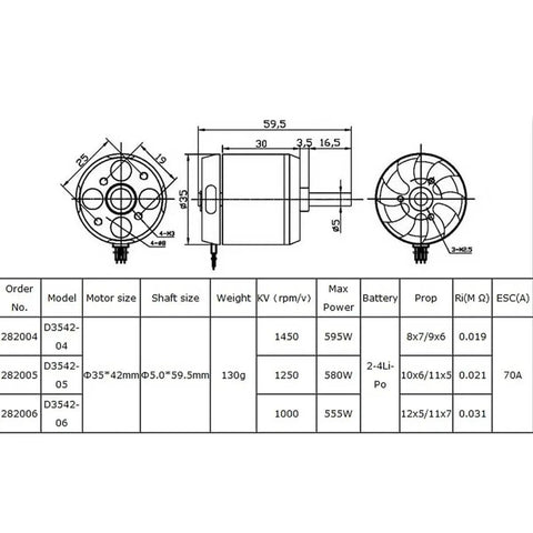 Technical drawing and specifications of D3542 Brushless Outrunner Motor 1000KV 1250KV 1450KV For 2S 4S LiPo RC Multicopters Fixed Wing UAVs