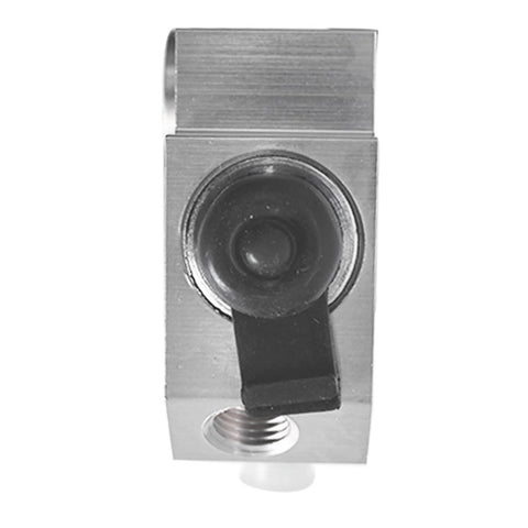 PV2 aluminum disc brake proportioning valve, front view with black adjustment knob and threaded inlet port