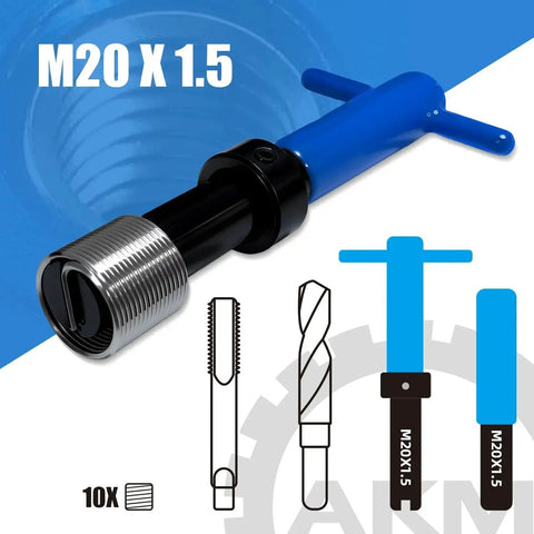 15 Piece M20x1.5 Thread Repair Kit With Stainless Steel Wire Coil Inserts For Durable Internal Threads In Aluminum And Other Metals Built Tough High Strength Wear Resistant Easy To Install And Reuse, featuring installation tools and inserts.