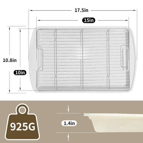 Top view of Nonstick Crisp Baking Tray With Wire Rack 15x10 Jelly Roll Pan Ceramic Coating, dimensions and weight shown.