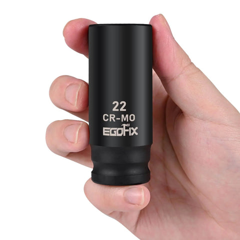 Deep Impact Socket 22mm For One Half Inch Drive, CR-MO 6 Point Metric Socket With Black Phosphoric Acid Coating held in hand