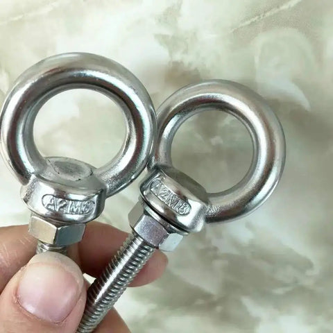 Two Shoulder Eye Bolts M8 Stainless Steel Built Tough Heavy Duty With Washers And Nuts, showcasing long shank thread.