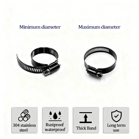 42 Piece Black Stainless Steel Hose Clamps Kit For DIY Auto Repairs With Metal Adjustable Worm Gear Clamps 1 Quarter To 1 Eighth Inch Range 6 To 29 Mm For Automotive Radiator Pipes Plumbing And Fuel Lines showing minimum and maximum diameter sizes.
