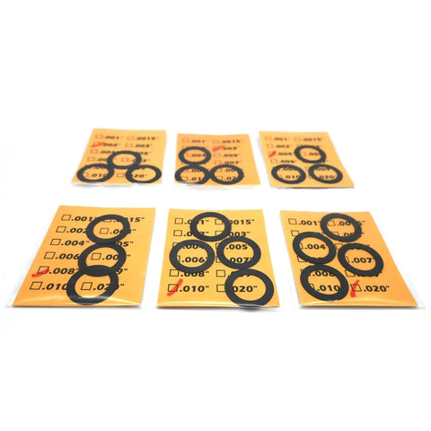Black Coated 1/2-28 Barrel Shim Kit for.223 and 5.56 Caliber, 20 Pack, showing six thickness stainless steel shims