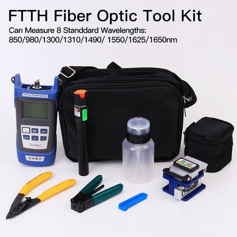 Amazon FTTH fiber optic tool kit with blue optical power meter, cutters, crimpers, cleaver, and black carry pouch