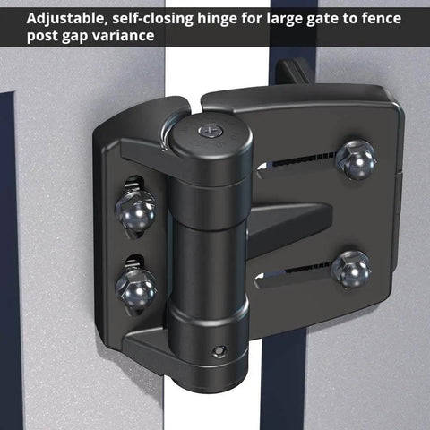 Side view of black Multi-Adjustable Regular-Duty Gate Hinges For Self-Closing Gates Up To 55 Pounds In Metal, Wood And Vinyl