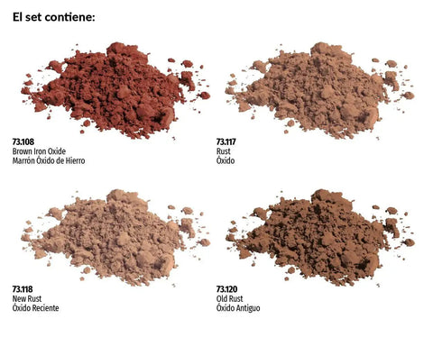 Four piles of different rust and corrosion effect pigments from Rust And Corrosion Effect Pigment FX Set For Models And Dioramas.