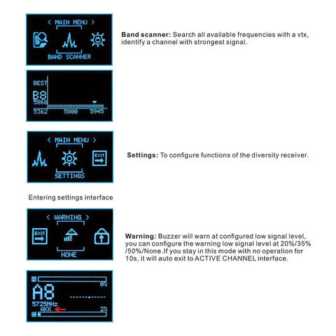 OLED display showing settings and warnings for Diversity RX 5.8G 80CH FPV Receiver Module With OLED Display And Plug And Play Setup