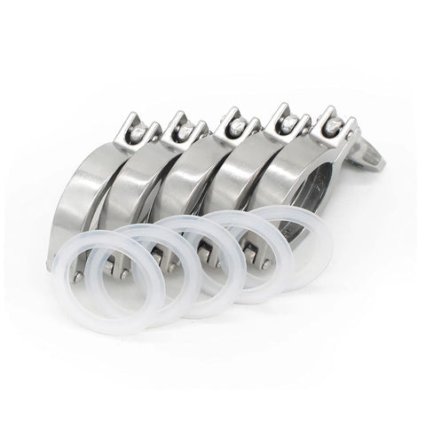 Set of five 1.5 inch stainless steel tri-clamp fittings with wing nuts and silicone gaskets