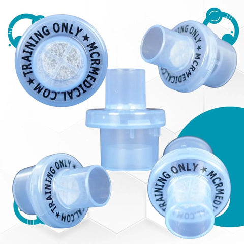 Pack of 100 CPR training valves, blue translucent plastic with MCR Medical branding