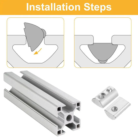 Illustration of installation steps for M6 Roll In T Nut For Aluminum Extrusion 4545 Series with 10mm groove depth and spring ball lock nut.