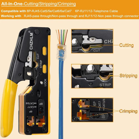 All In One RJ45 Crimp Tool Pass Through Kit For 8P Cat7 Cat6 Cat5 And 6P Telephone Connectors with Wire Stripping Cutting Testing