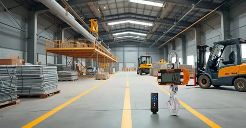 Heavy Duty Crane Scale 2000kg 4000lb With LCD Display, Industrial Hanging Scale, Remote Control shown in open warehouse