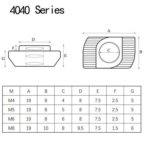 Technical diagram of 50 Pack 4040 Series M6 T Slot Nuts Hammer Head Fasteners For Aluminum Profiles Nickel Plated Carbon Steel Nut